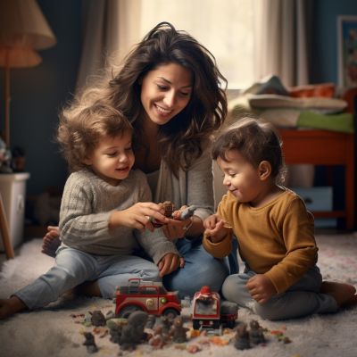 Eltern sein und Karriere - Business Frau spielt mit Kindern