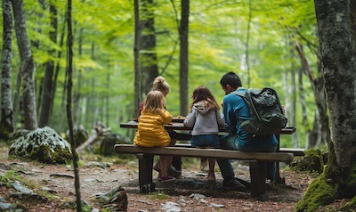 Piknik bei Familienwanderung im Wald