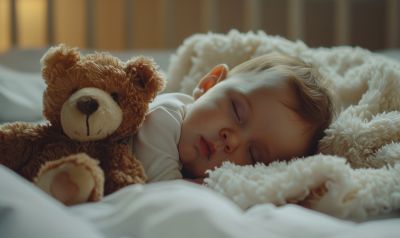 Baby schläft mit einem Teddy im Arm ein