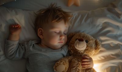 Einschlafhilfen für Kinder - Baby mit Teddybär