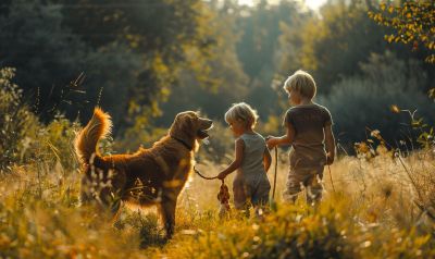 Kinder mit dem Familienhund in der Natur