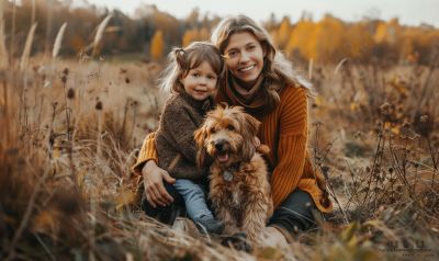 Mutte mit Tochter und dem gemeinsamen Hund in der Familie