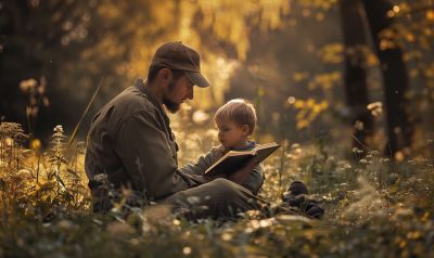 Vater liest in einem Vorleseritual seinem Sohn vor