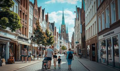 eine Familie macht Urlaub Einkaufsstraße von Lübeck