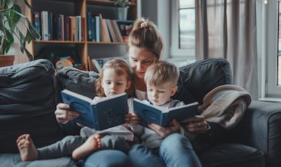 Babysitter kümmert sich um Kinder und liest aus einem Buch vor