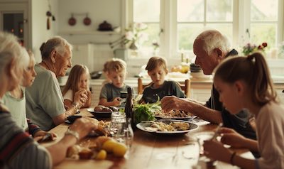 Familie beim gemeinsamen Abendessen im Mehrgenerationenhaus