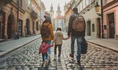 Familie spaziert durch eine alte Stadt in Tschechien