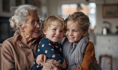 Oma mit Enkelkindern, die in einem Mehrfamilienhaus leben