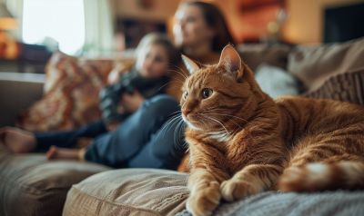 Katze sitzt mit Familie auf einem Sofa