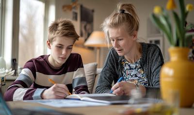 Mutter lernt mit Sohn für eine Deutsch Abschlussprüfung