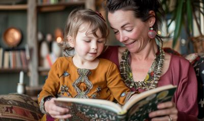 Mutter und Tochter üben das Lesen lernen