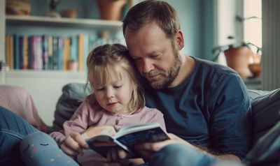 Vater liest mit Tochter in einem Buch mit Silbenschrift