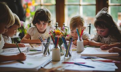 Kinder auf einer Hochzeit an einem Tisch mit Malsachen