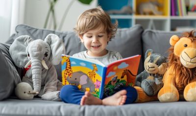 kind liest buch über tiere afrikas mit kuscheltieren