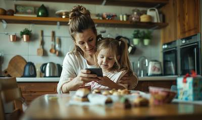 familie nutzt wunschlisten app im wohnzimmer