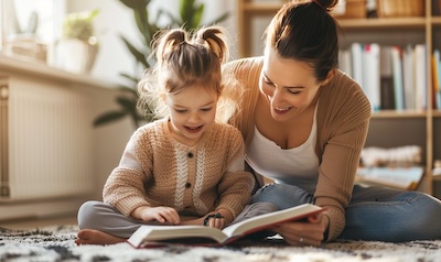 Mutter und Kind sitzen entspannt auf dem Boden und lesen gemeinsam ein Buch