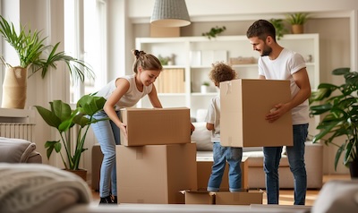 familie packt umzugskartons kinder helfen schulwechsel