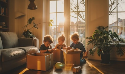 Familie packt Umzugskartons gemeinsam mit Kindern