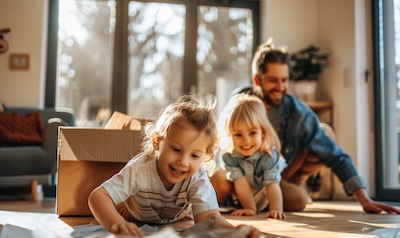 Familie zieht ein neues Zuhause Kinder packen gemeinsam aus
