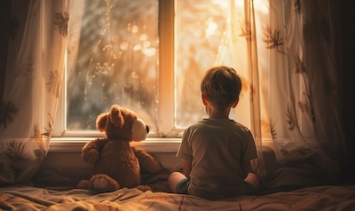 Kind sitzt im leeren Kinderzimmer vor dem Umzug nachdenklich