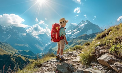 kind wanderrucksack sonnenhut schweizer alpen bergpfad sommer ausrüstung