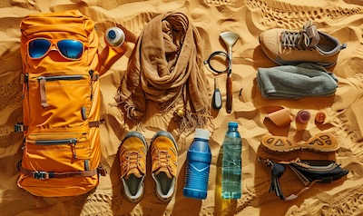 Ausruestung fuer die Quad-Tour als Flatlay