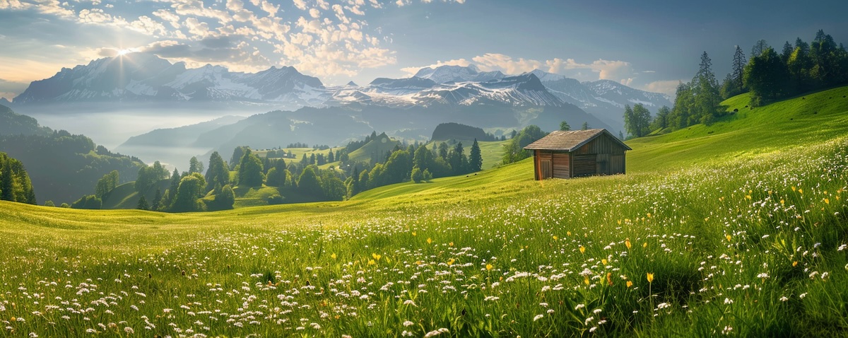 Panoramablick über grüne Almwiesen auf die Schweizer Alpen mit schneebedeckten Gipfeln im Morgenlicht