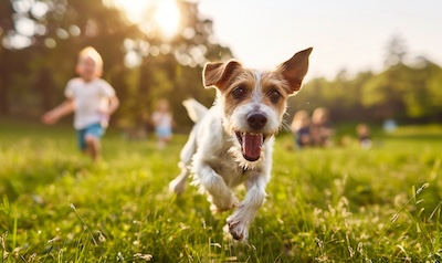 Familienhund rennt frei auf einer Wiese – täglicher Auslauf für den Hund