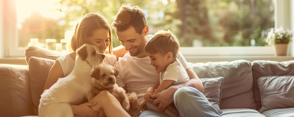 Familie mit Kindern und Hund zu Hause – ein Haustier für die Familie