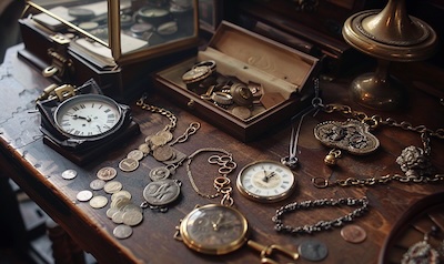 Erbstücke wie Goldkette, Münzen und Taschenuhr werden auf dem Tisch sortiert