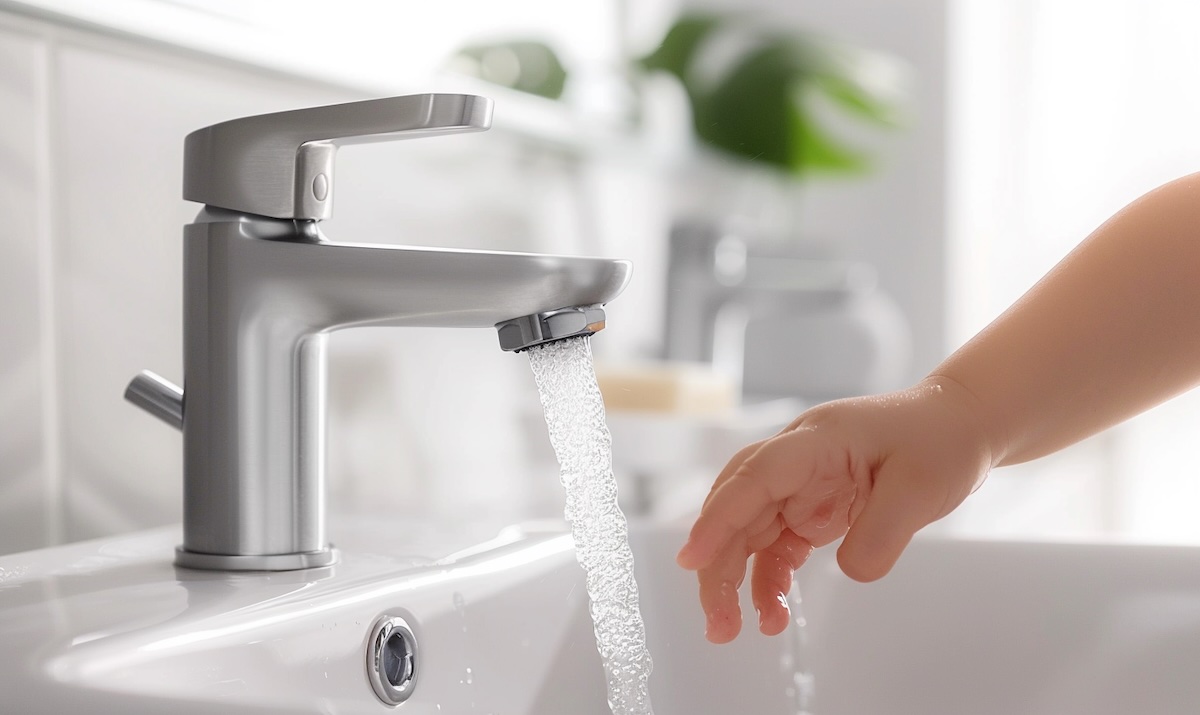 Kleine Kinderhand bedient eine Einhebelmischbatterie am Waschbecken