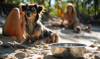 Hund und Kind machen im Urlaub am Strand eine Schattenpause