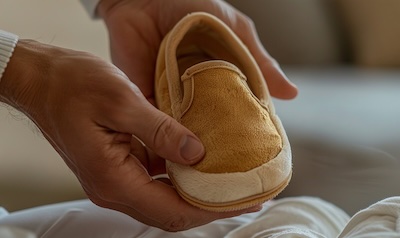 Biegetest an einem Kinder-Hausschuh zeigt flexible Sohle