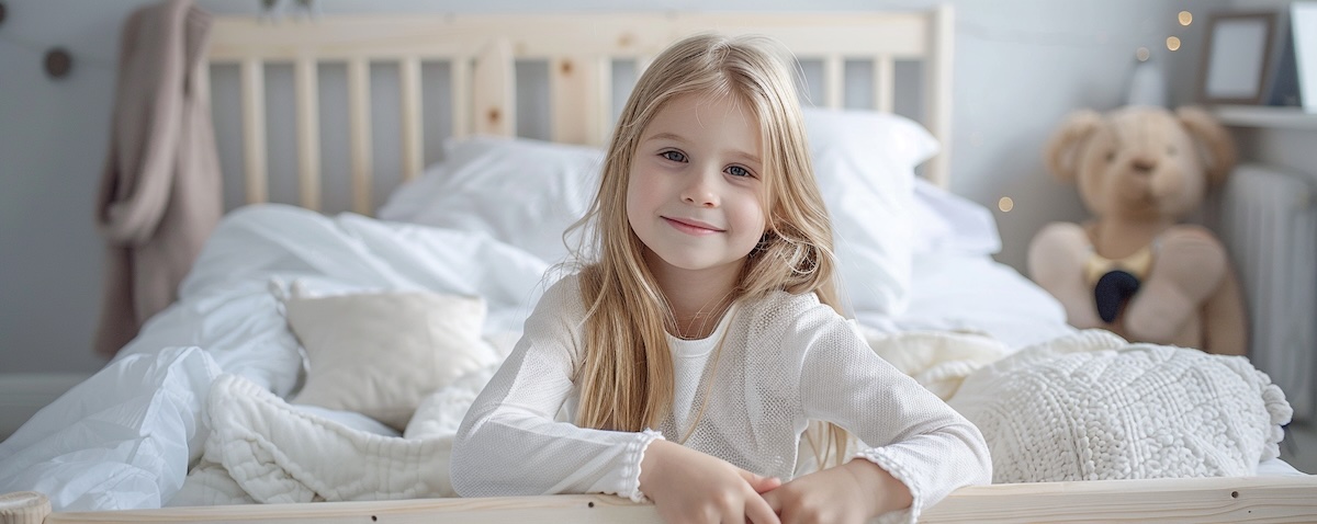 Kind sitzt auf seinem neuen Jugendbett mit Matratze 90x190 im Kinderzimmer